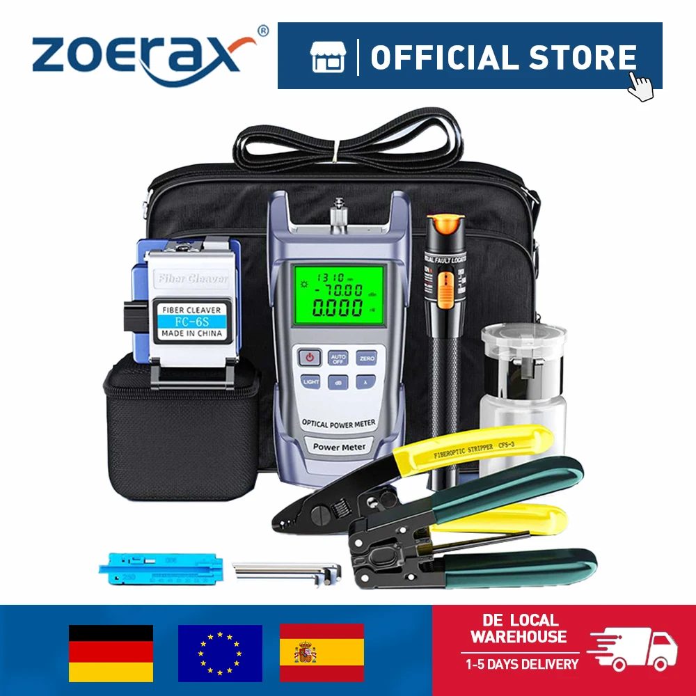 ZoeRax 11-in-1-Glasfaser-Werkzeugsatz FTTH mit Glasfaserschneider -70 ~ + 10 dBm optischer Leistungsmesser 10 MW visueller Fehlerorter