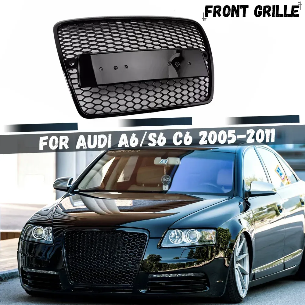 Glänzend schwarzer Frontstoßstangengrill für Audi A6 S6 C6 2005 2006 2007 2008 2009 2010 2011 Honeycomb Mesh Racing Gitter