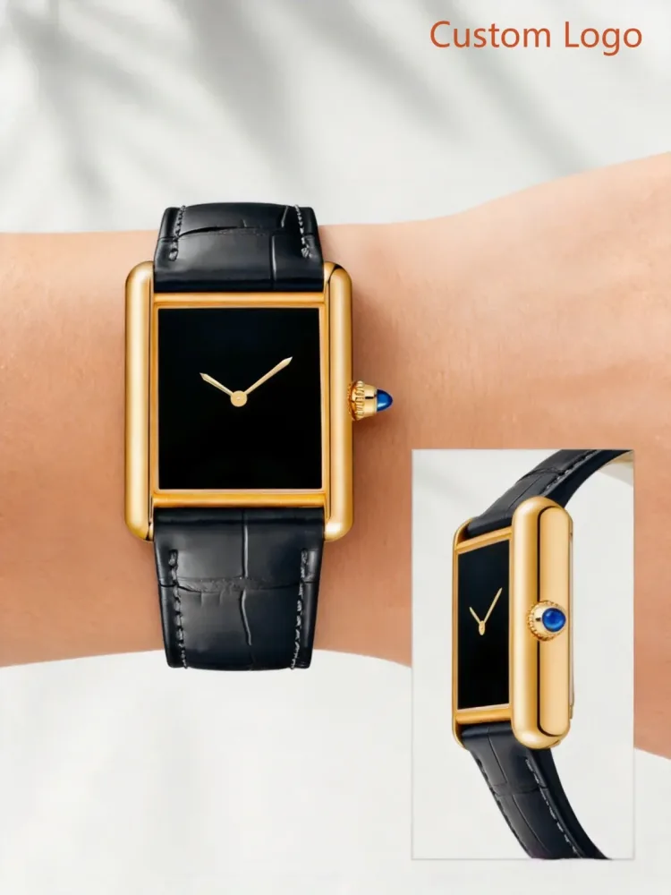 Klassische Quadratische Luxus-Armbanduhr Poliertes Gelbgold-Gehäuse Ohne Indexe Einfaches Zifferblatt Saphir-Dekor Business Individualisierte Uhren