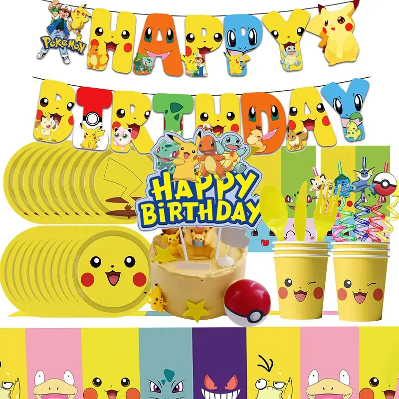 Pokemon Geburtstag Dekoration Set Pikachu Luftballons Teller Serviette Tassen Tischdecke Banner Hintergrund Dekor für Jungen Kinder Party Supplies