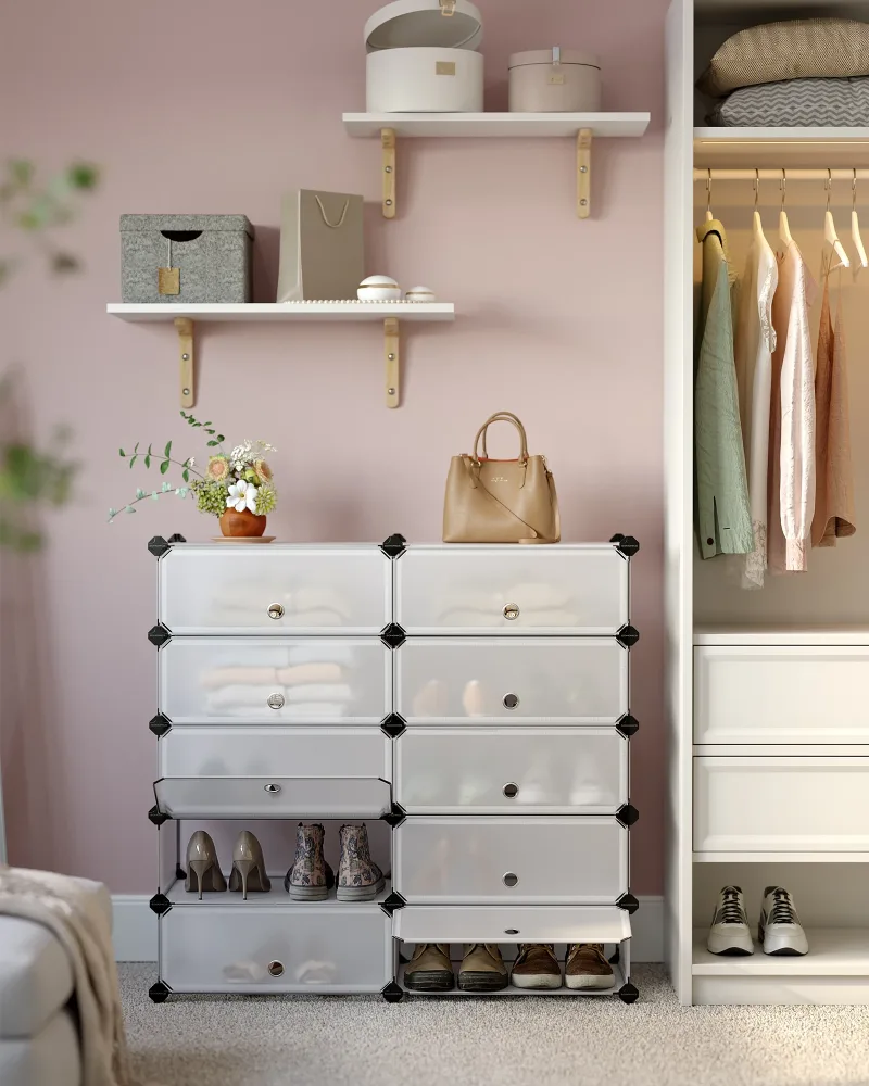 SONGMICS Schuhregal, DIY, Schuhschrank mit Tür, 10 Ebenen, aus PP-Kunststoff, Schuhablagen, mit Gummihammer und Umkippschutz