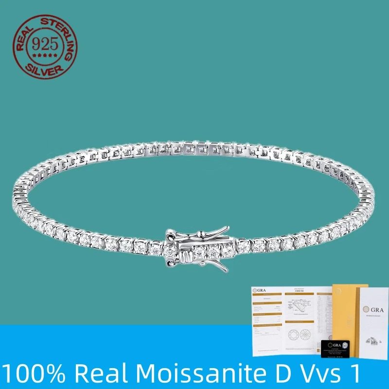 100 % S925 Sterling Silber 2?6 mm echtes Moissanit-Tennis-Armband für Frauen, Hochzeitsschmuck, Weihnachten, exquisites Geschenk