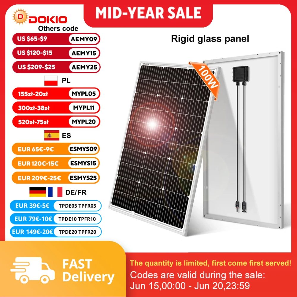 DOKIO Panneau Solaires 18V Panneaux 100WSolar Panel Wasserdichte Photovoltaico Paneles Für Camping/Powerbank/12V Batterie/Campervan