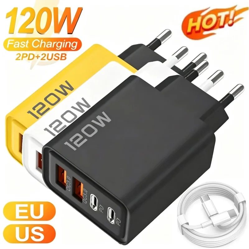 120W schnelles Ladegerät mit USB-Typ-C-Kabel, schnelles Ladeadapter für iPhone, Xiaomi, Samsung, Quick Charge Wandladegerät