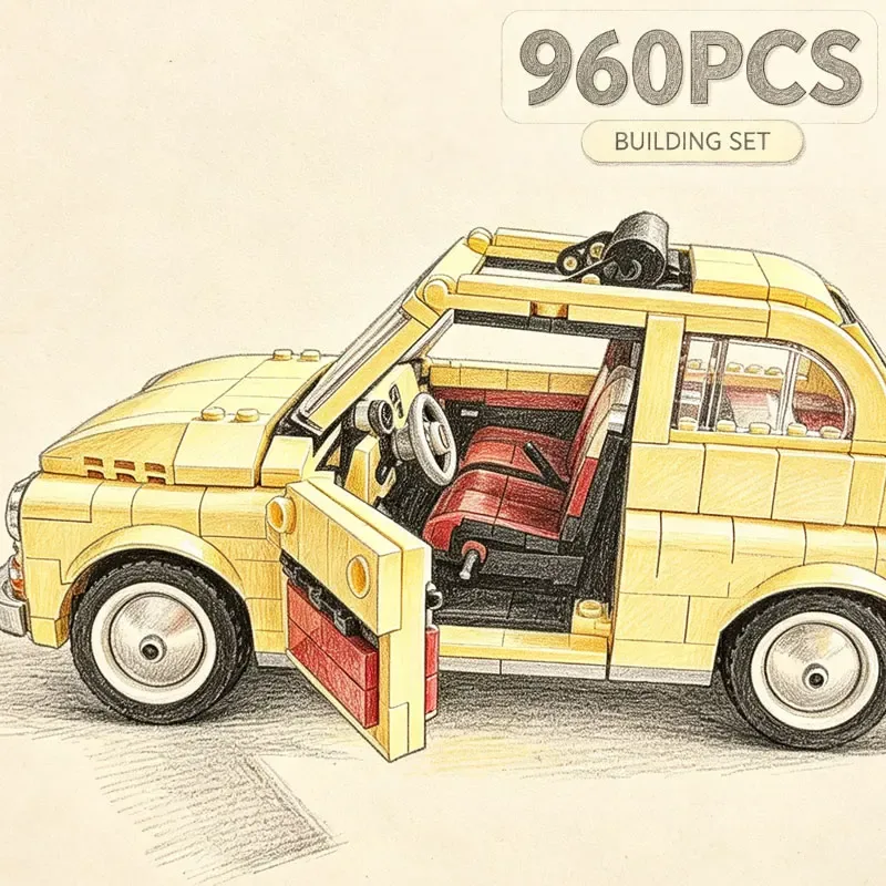960 Teile MOC Kreatives Auto Klassisches Gelbes Retro-Fahrzeug Heimdekorationsmodell Baukasten Fahrzeugbausteine Geschenk für Feiertage und Partys Sammlerstück