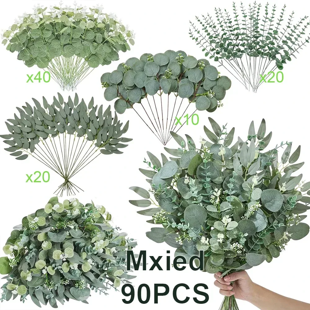 50/90 Stück Künstliche Blumensträuße, Gemischte Eukalyptusblätter, Weiden- und Silber-Eukalyptus-Zweige für Hochzeitsdekoration, DIY-Heimdekoration