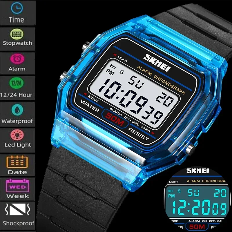Skmei Frauen Digitaluhren Mode transparentes Gehäuse TPU Armband führte wasserdichte Schwimm sport Armbanduhr weiblichen Wecker