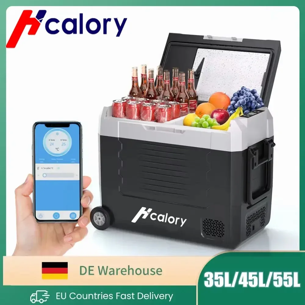 Hcalory Tragbarer Kühlschrank 35L 45L 55L Dual-Zone mit Rädern & Bluetooth 12V/24V 240V Auto-Kompressor-Kühler für Camping und Reisen