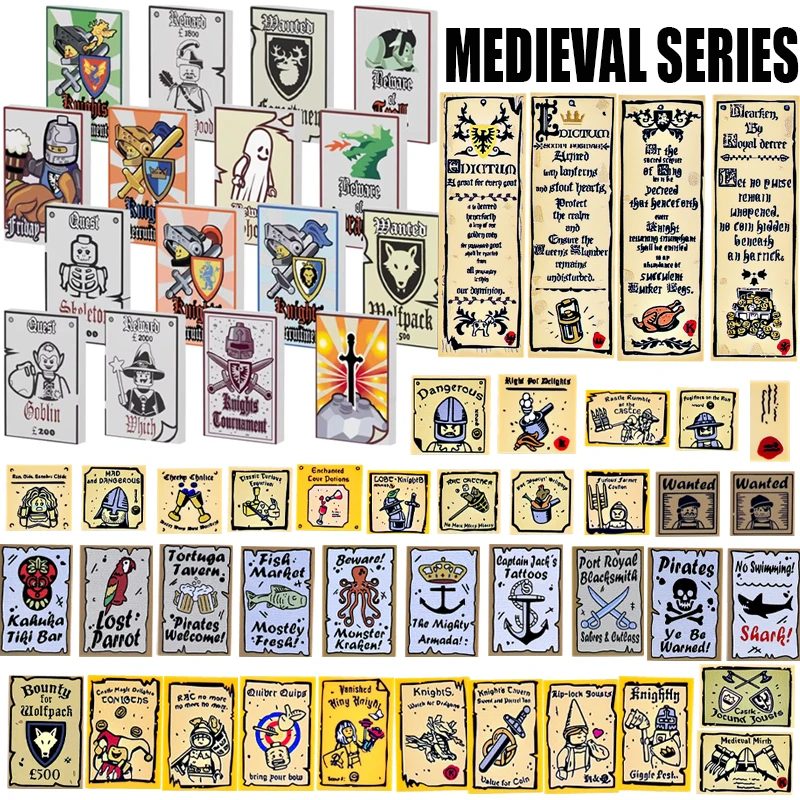 MOC Mittelalterliche Militär Gedruckt Serie Bausteine Street View Wolf Black Eagle Lion Knight Poster Zubehör Ziegel Spielzeug Geschenk
