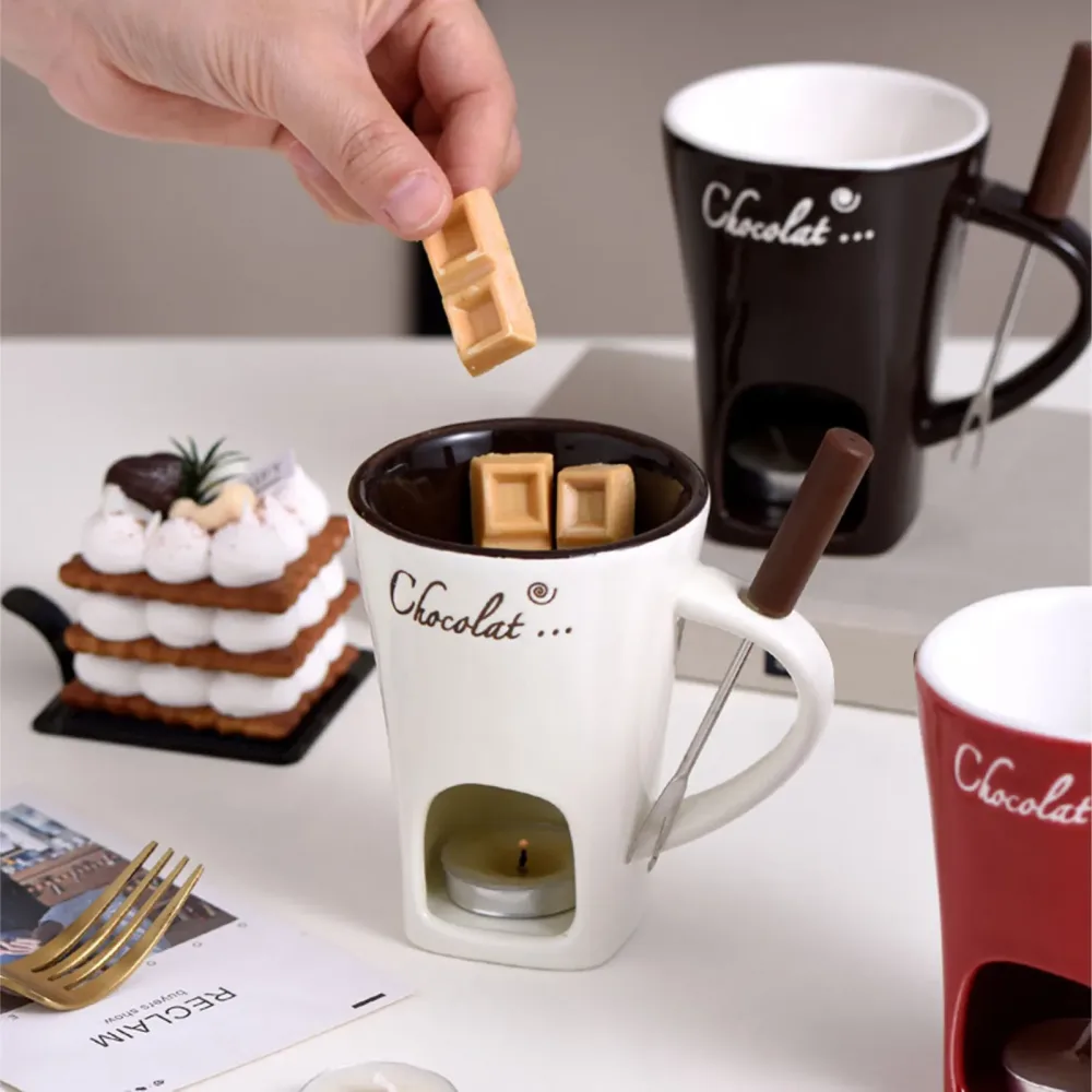 Schokoladenschmelzbecher, Schokoladenschmelzfondue-Becher, Keramik-Butterwärmer, Topf, Schokoladenschmelzzubehör mit Gabel für die Küche