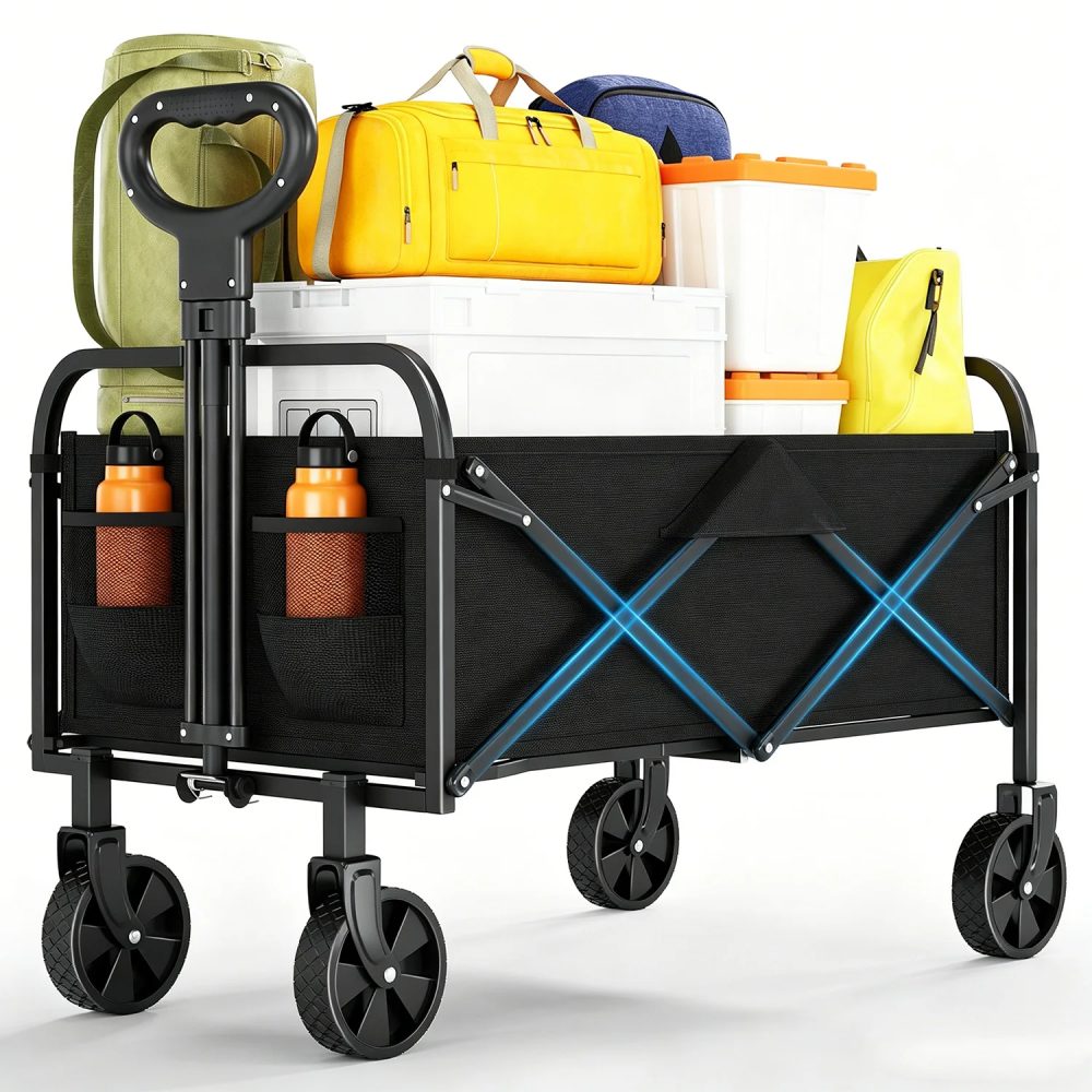 220L Robuster Klappbarer Campingwagen mit Rädern/Verstellbarem Griff/Getränkehaltern für Outdoor und Garten