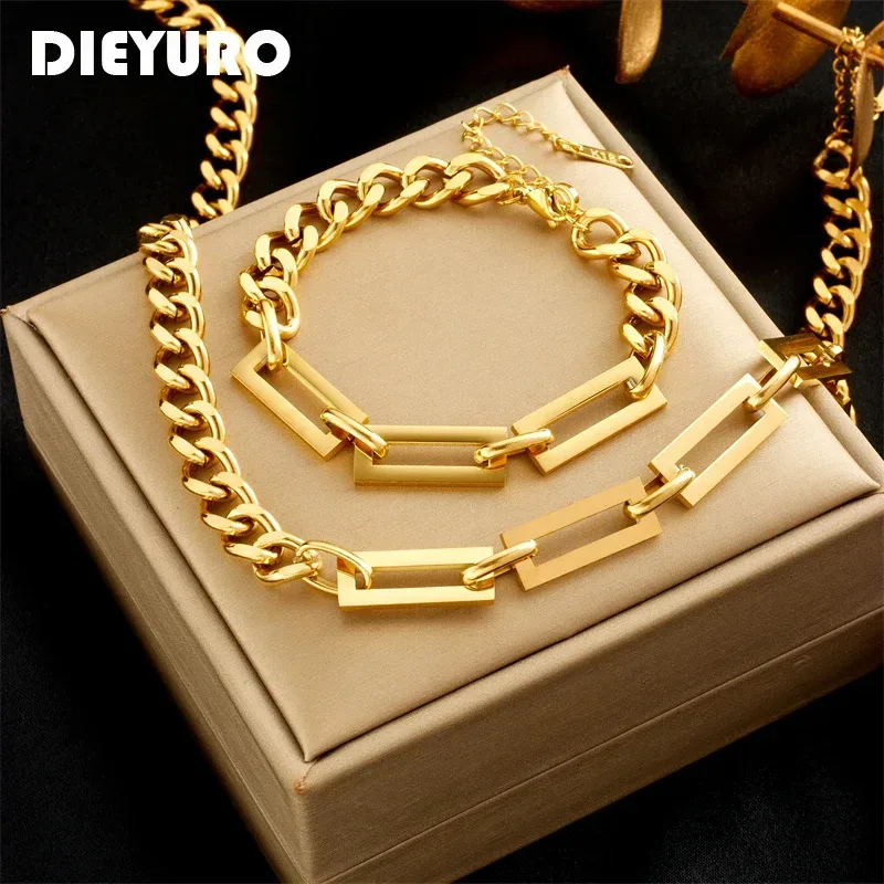 DIEYURO 316L Edelstahl Gold Farbe Geometrische Kette Halskette Armbänder Für Frauen Mädchen Neue Mode Lichtecht Schmuck Set