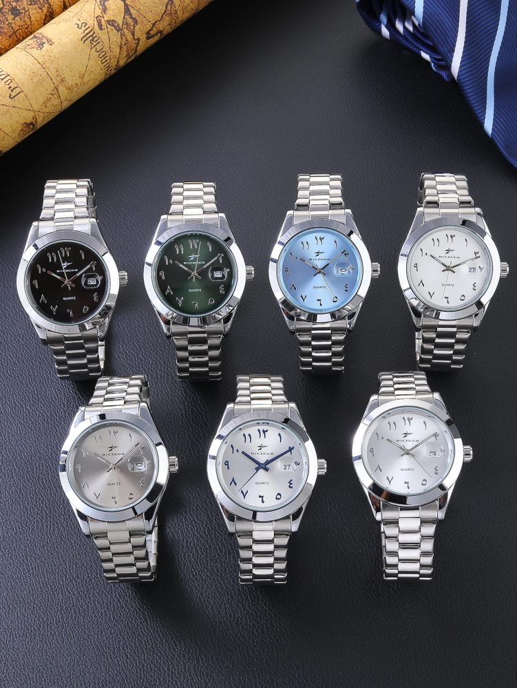 Eine Quarz-Armbanduhr mit Edelstahlarmband und personalisiertem Zifferblatt, ausgestattet mit Datumsanzeigefunktion. Das einfache und atmo