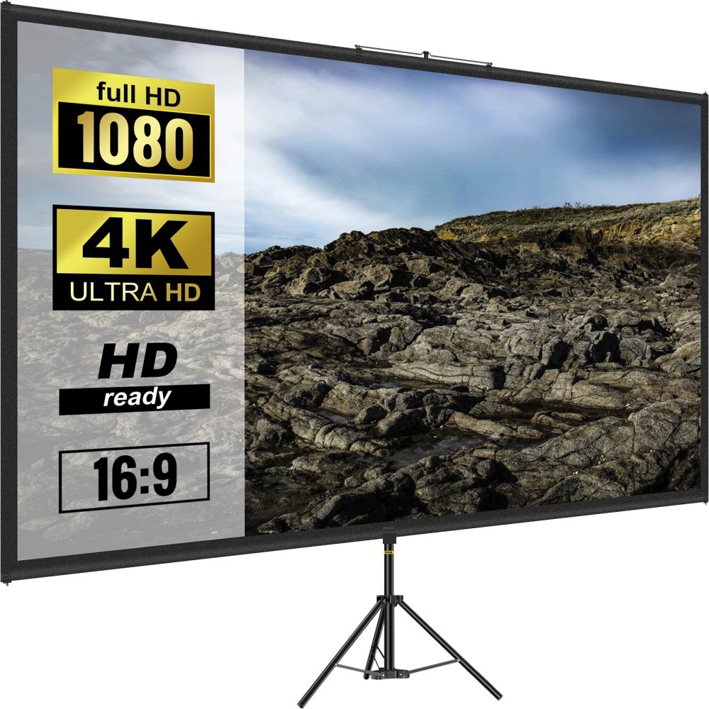 SucceBuy 100-Zoll-Stativprojektorleinwand mit Ständer 16:9 4K HD Tragbare Projektion Heimkino für Innen- und Außenprojektion
