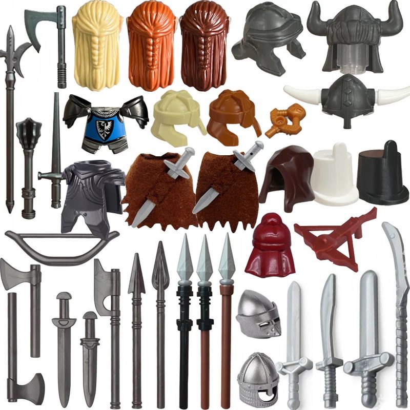 MOC Mittelalterliche Zubehör Bausteine Soldat Figur Ritter Helm Hut Rüstung Elf Frisur Pfeile Spears Ziegel Spielzeug Geschenk E02