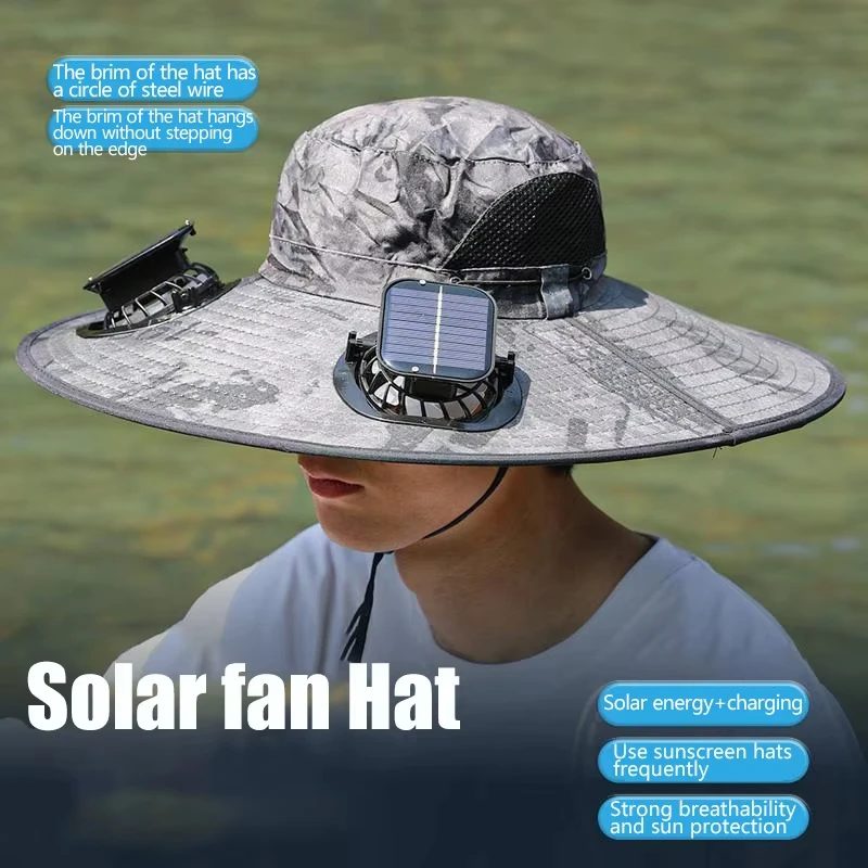 Solar-Hut mit breiter Krempe, Dual-Fan-Hut, Outdoor-Camping-Angelhut, Anti-UV-Fan-Hut für Männer, Bergsteigen, Sonnenschutz, Fischerhut
