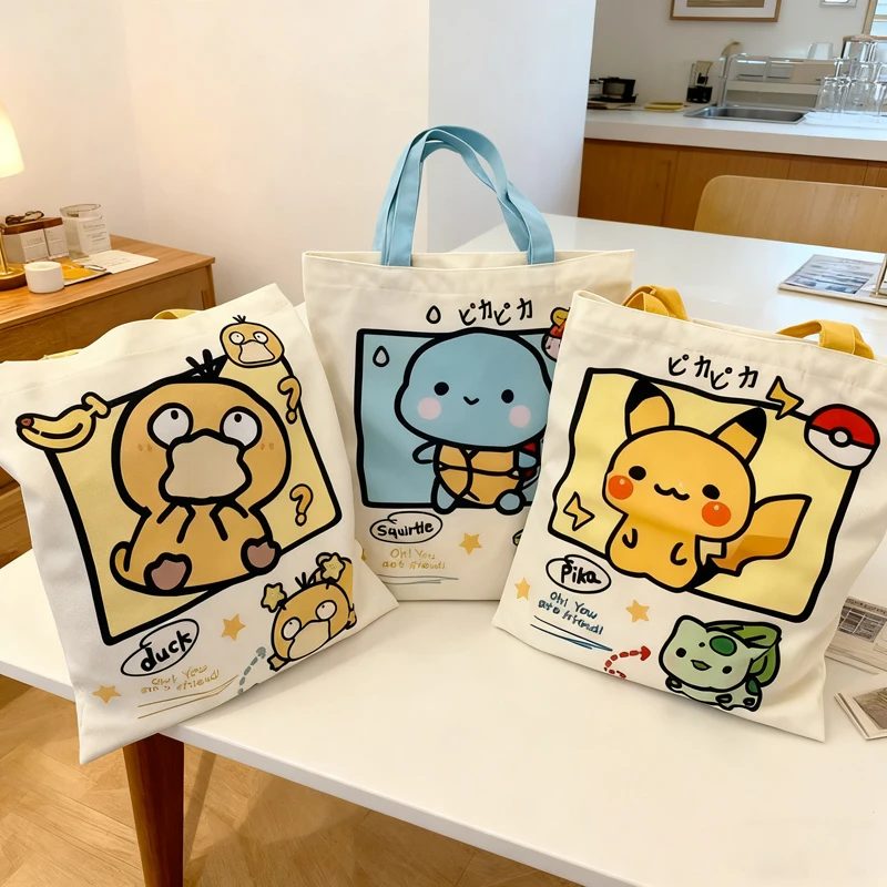 HEISSER VERKAUF Pokemon Pikachu Canvas-Umhängetaschen Psyduck Squirtle Damen-Freizeithandtasche Wiederverwendbare Einkaufstasche mit großem Fassungsvermögen für Frauen