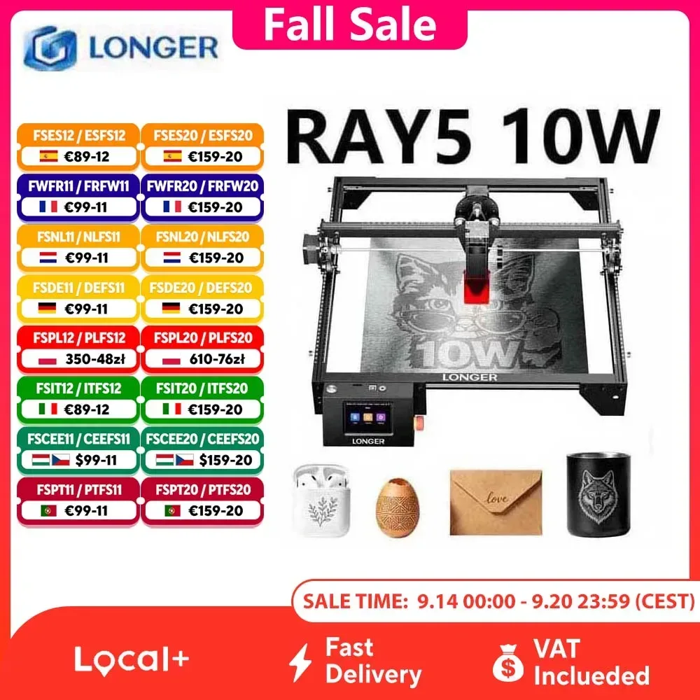 LONGER RAY5 10 W Lasergravierer 0,06 x 0,06 mm Laser-Spot-Touchscreen Offline-Schnitzerei 32-Bit-Chipsatz Arbeitsbereich 400 x 400 mm
