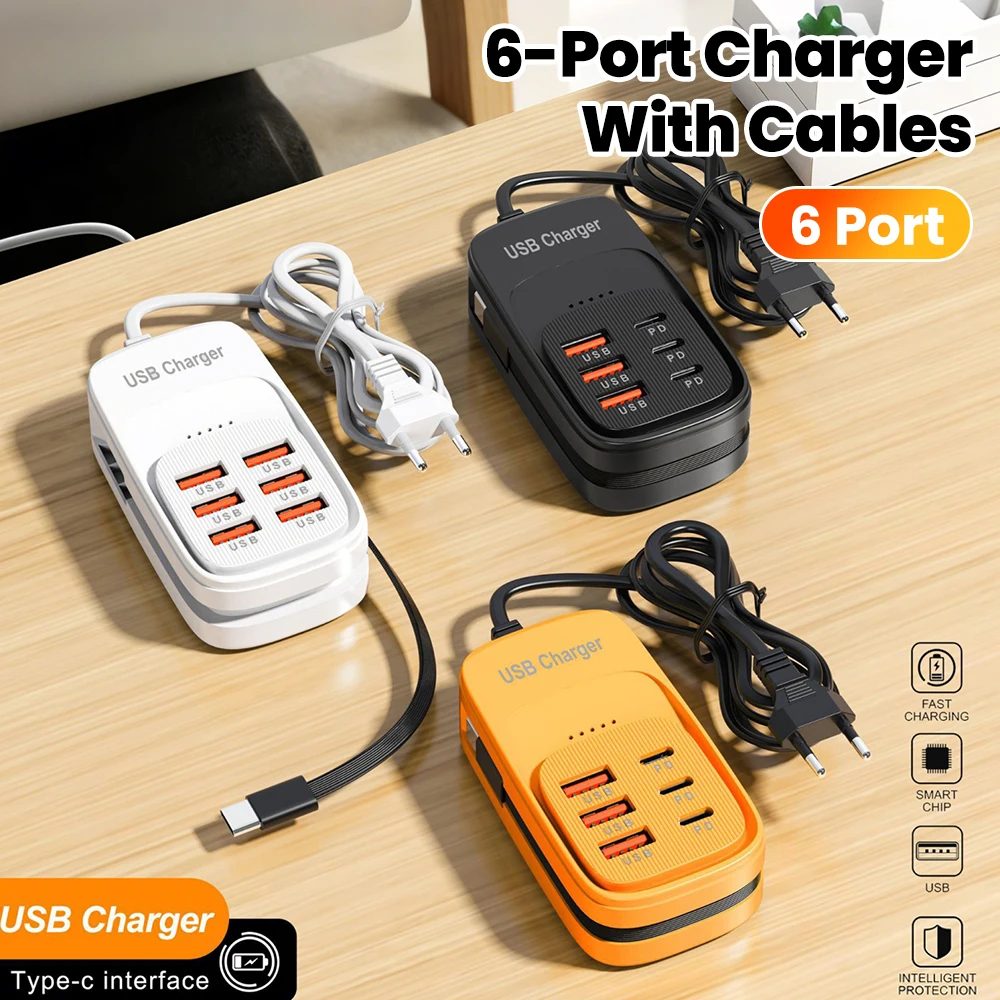 Schnelles USB-Ladegerät 6-in-1 Steckdosenleiste Desktop-Ladestation Schnellladekabel EU/UK/US-Stecker USB-HUB-Adapter Steckdose 3PD 3USB