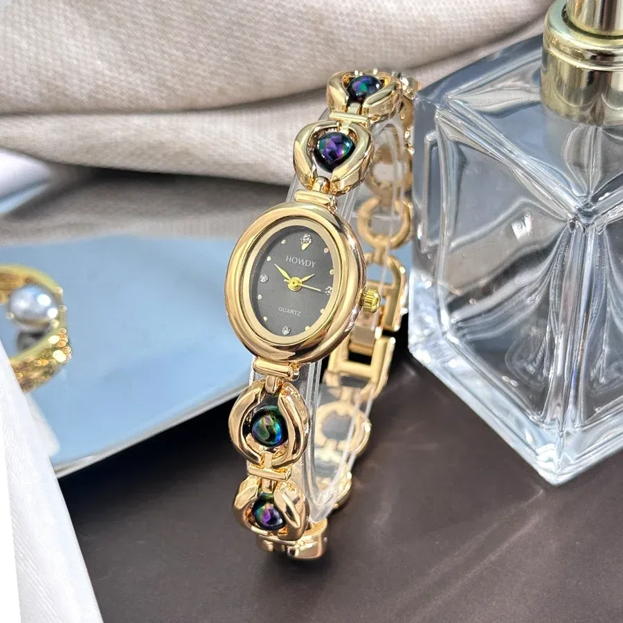 Damen-Gehäuse aus seidiger Textur, ovales Legierungsgehäuse mit beweglichem, feinem Perlenarmband, Sonnenmuster, Strass-Zifferblatt, elegante Damen-Quarzuhr