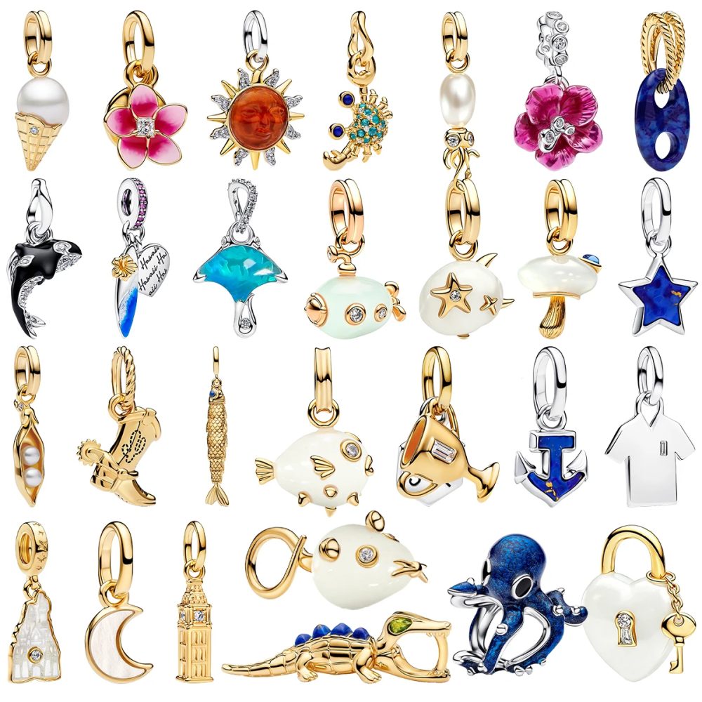S925 Silberplattierter Anhänger mit Pavé-Steinen: Hawaii, Ozean, Cowboy, Krokodil, Eiscreme, Sonne, Sommer, Strand, Krabbe, Fußball, Perle ? Schmuck