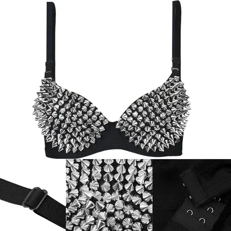 Sexy Nieten-Punk-Dessous, Modischer Metallischer Glitzer-Nieten-BH ohne Bügel für Damen, Nachtclub-Party-Bar Heiße BHs