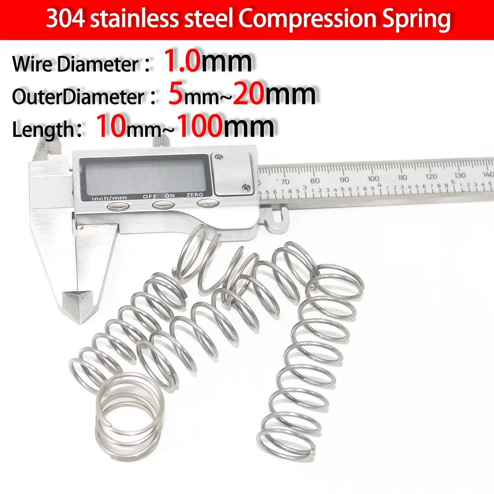 Druckfeder aus Edelstahl 304, Rückholfeder, Stahldrahtdurchmesser 1,0 mm, Außendurchmesser 5?20 mm, Länge 10 mm bis 100 mm, 10 Stück
