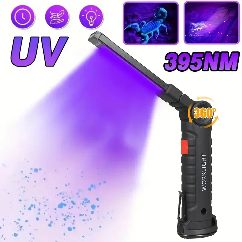 395 nm LED-UV-Taschenlampe, USB wiederaufladbar, faltbar, mit Magnethaken, UV-Licht, UV-Licht, UV-Licht, für Haustier-Urin-Detektor, Harzhärtung