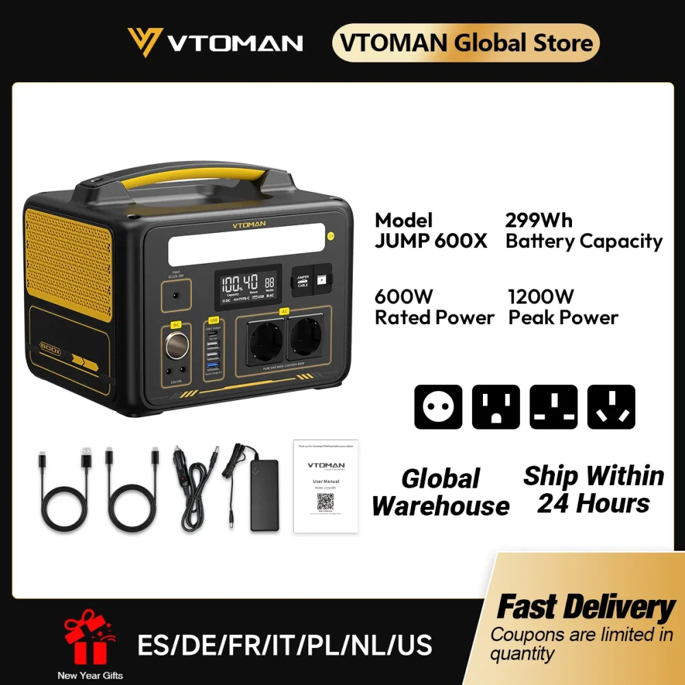 VTOMAN JUMP 600X tragbares Kraftwerk 299 Wh Solargenerator LiFePO4 1200 W Peak Power Powerstation Notfall-Backup