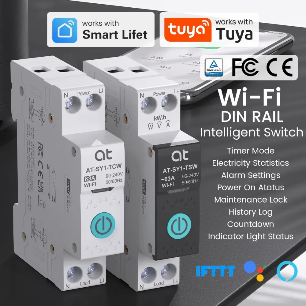 TUYA WIFI Smart Leistungsschalter mit Energiemessung 1P 63A DIN-Schiene für Smart Home Drahtlose Fernbedienung Smart Switch per APP ATELE