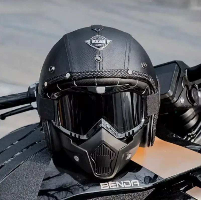 Vintage Motorradhelm für Herren, Ganzjahres-Cruiser-Scooter-Lederhelm, Elektrofahrrad-Halbhelm mit Cooler Maske, DOT-zertifiziert