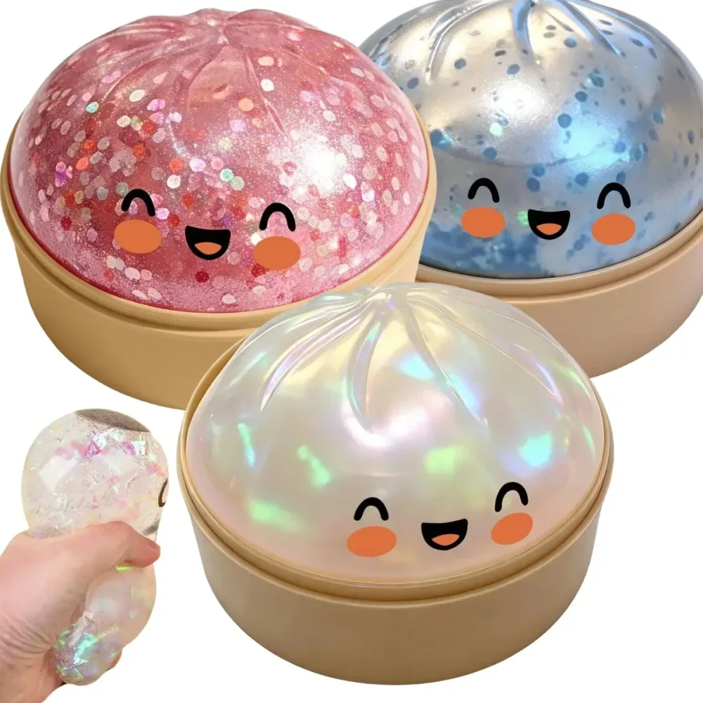 Premium Squishy Dampfbrötchen-Dumpling-Spielzeug, langsam aufsteigender Glitzer-Stressball, weiches, dehnbares Fidget-Schreibtischspielzeug, Heim- und Bürodeko