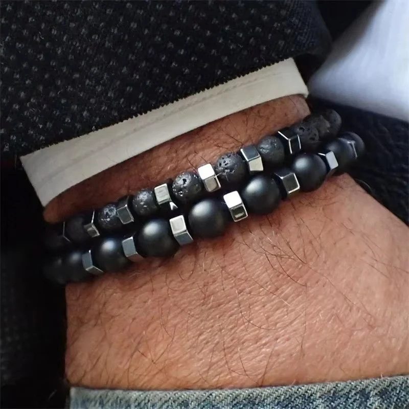 2-teiliges Set Perlenarmband für Männer Lavastein Achat Tigerauge Perlen-Charm Herren Damen Armband-Sets Schmuck Beste Geschenke Pulsera Hombre