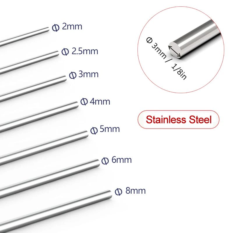 2 Stück 304 Edelstahl Massivstangen, sortiert für DIY-Bastelwerkzeuge, Durchmesser 2mm 3mm 4mm 5mm 6mm 8mm