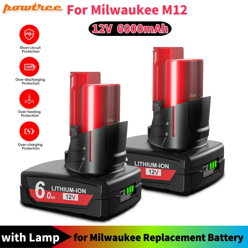 Für Milwaukee M12 Batterie 12V 6,0 Ah Akku mit Licht Für Milwaukee M12 Werkzeug 48-11-2402 48-11-2411 48-11-2401