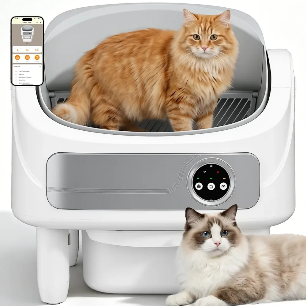 Patbrela Automatische Katzentoilette, Selbstreinigende Katzentoilette mit Bio-Radar & 10 Sicherheitssensoren gegen Einklemmen, Offene Große Katzentoilette mit App-Steuerung & Geruchsentfernungssystem