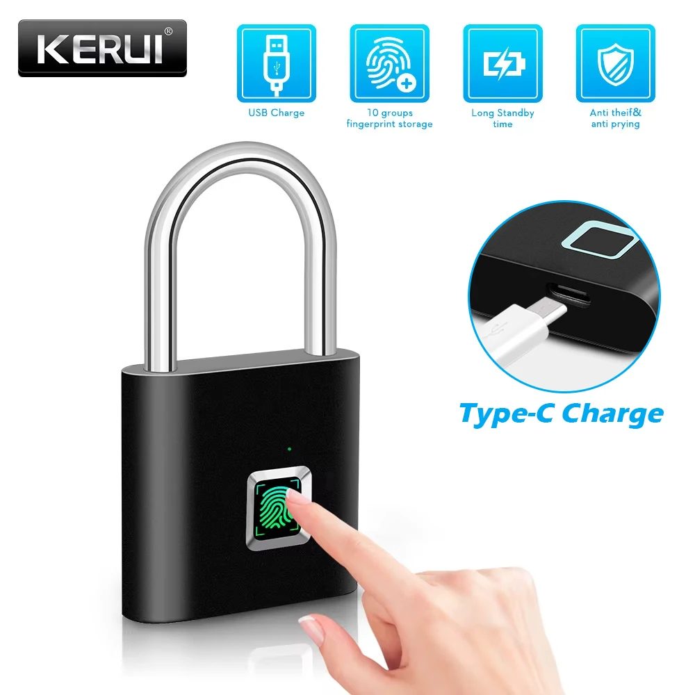 KERUI Intelligentes Fingerabdruck-Vorhängeschloss, wasserdichtes, schlüsselloses Fingerabdruck-Türschloss, Typ C, wiederaufladbares Sicherheits-Vorhängeschloss für das Haus
