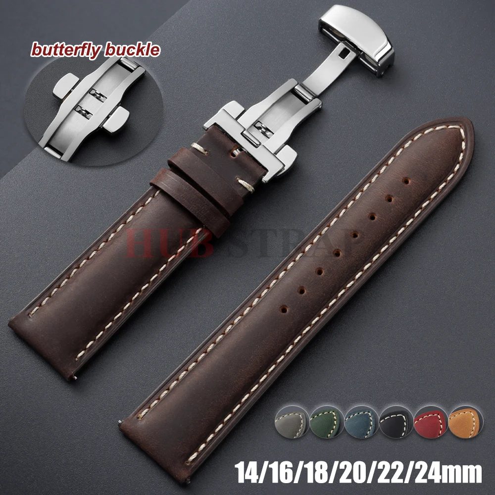 14/16/18/20/22/24 mm Echtleder-Uhrenarmband aus Kalbsleder für Omega Business-Uhrenarmband für Seiko Butterfly Buckle Stitching Strap
