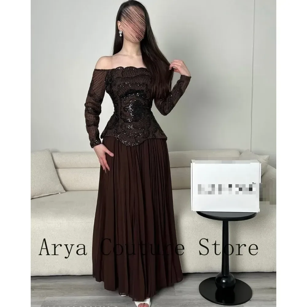 Dunkelbraunes Schulterfreies Langarm-Pailletten-Spitzen-Peplum-Top Plissierter Chiffon-Maxirock Zweiteiliges Formelles Abend-Hochzeitskleid