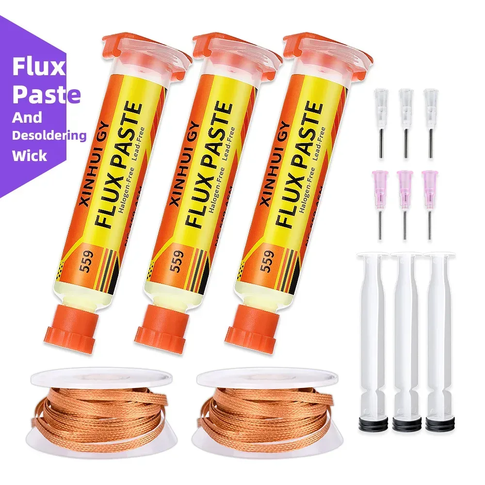 559 Entlötdraht + NC-559 Flussmittelpaste Spritzen-Set, Lötzinnentferner-Set für Elektronik-PCB-Komponenten-Reparatur und Nachbearbeitung