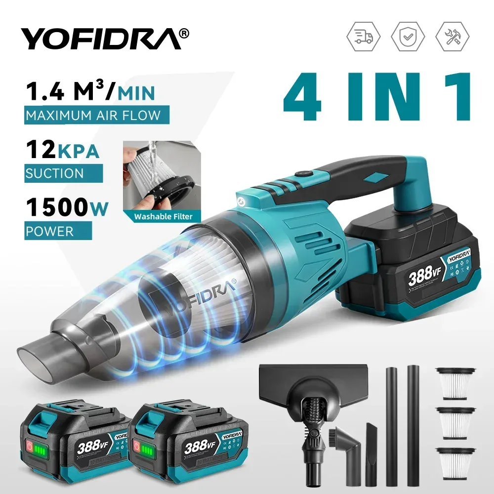 YOFIDRA 1500W 4IN1 Elektrische Staubsauger 12KPA Drahtlose Vakuum Hause Auto Reinigung Werkzeuge mit 3 stücke Filter Für makita Batterie Pin