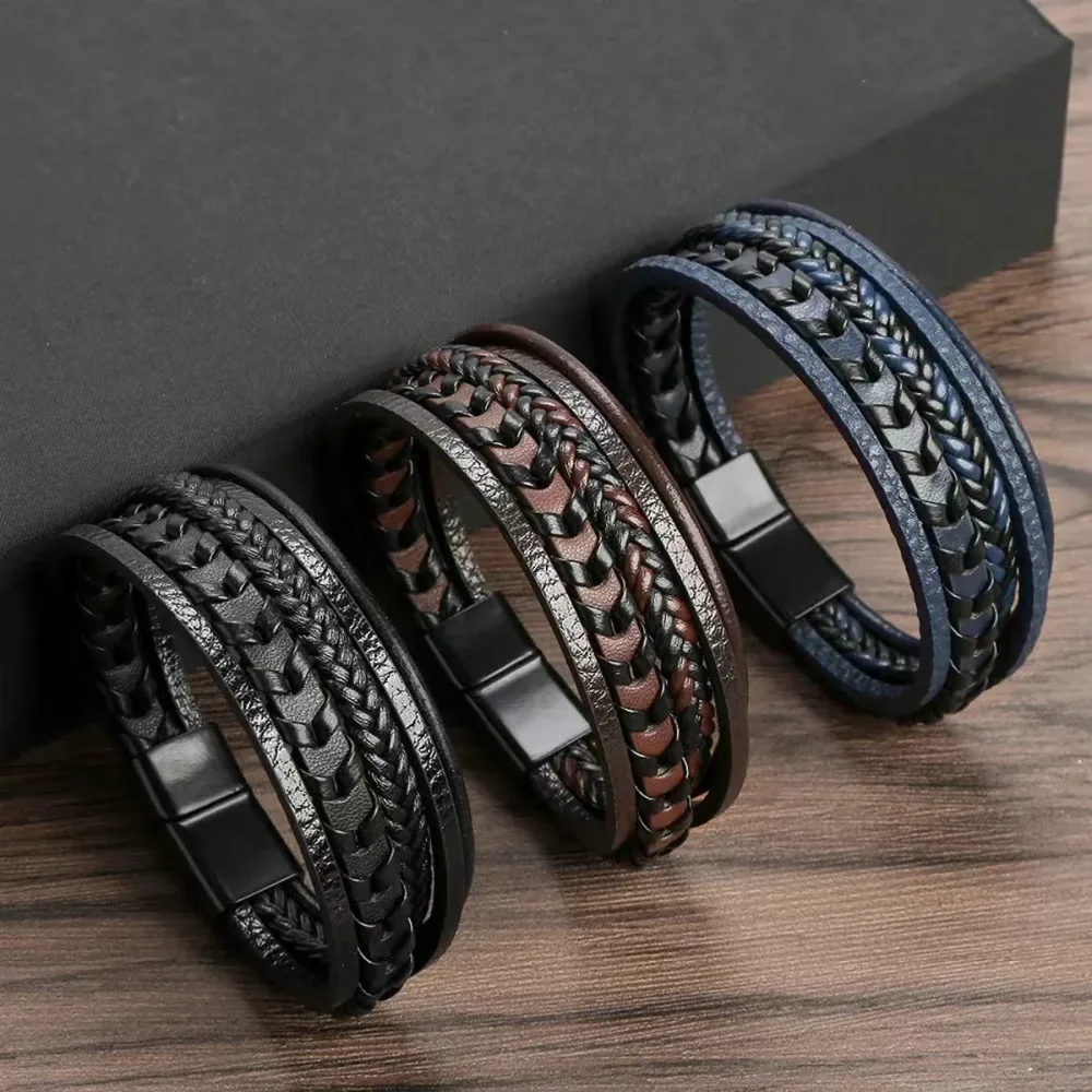 1pc Mode Zubehör MÄNNER Mehrschichtige Vintage Leder Seil Geflochtene Armband Legierung Magnetische Schnalle Armband