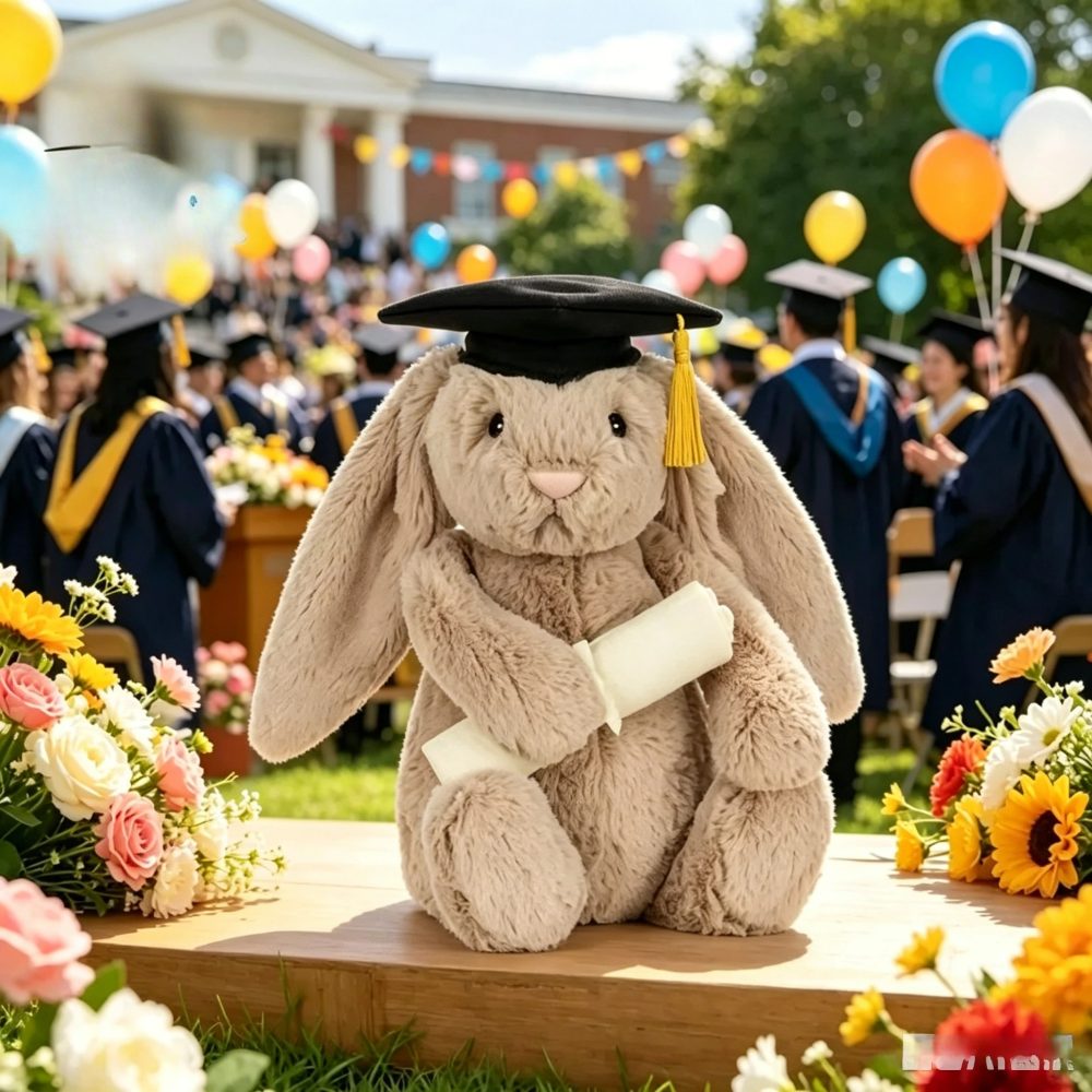 Originelles Abschlussgeschenk: Schüchterner Bonnie-Kaninchen mit Geburtstagstorte, Plüschpuppe mit passendem Bademantel, Bär, Drache, Weihnachtsgeschenk.