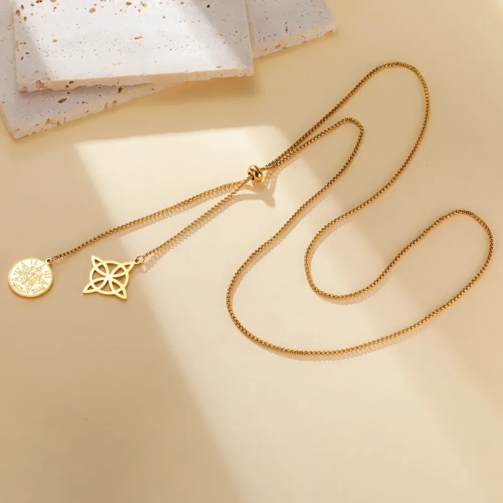 Doppeltes Amulett Hexenknoten Tetragrammaton Anhänger Halskette Edelstahl Lange Pullover Box Kette Pentagramm Hexerei Schmuck