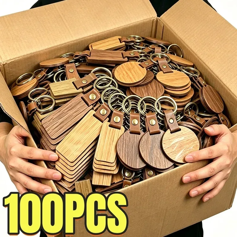100 Stück Blanko Holz-PU-Leder Schlüsselanhänger, Holz-Schlüsselringe für Lasergravur, Auto-Ornamente, Geschenke, DIY-Zubehör, Namensschild
