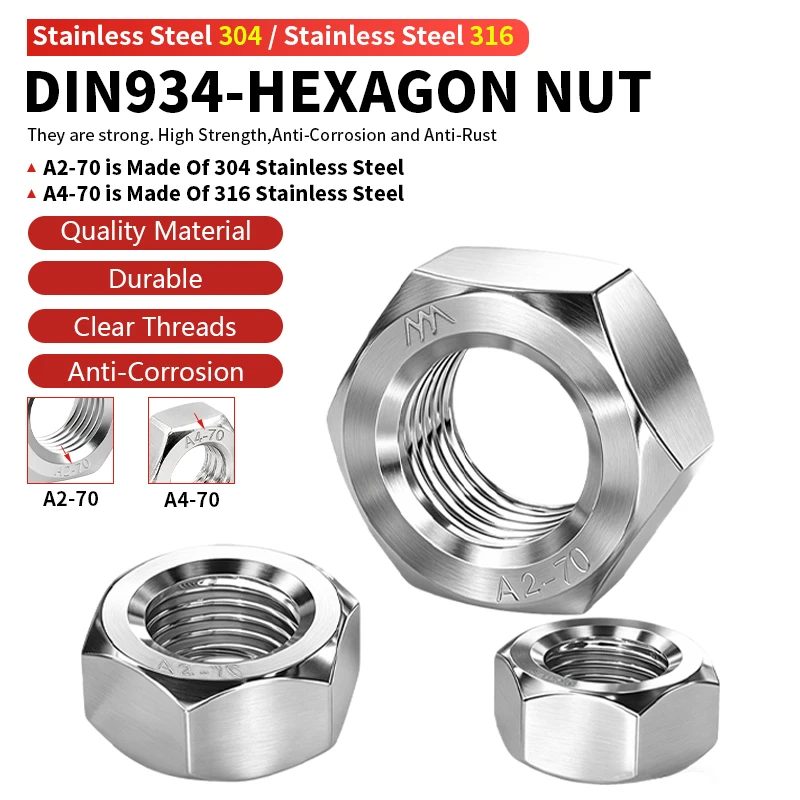 Sechskantmuttern 304/316 Edelstahl Sechskantmuttern A2/A4-70 Metrisches Gewinde Befestigungselemente M2 M3 M3,5 M4 M5 M6 M8 M10 M12 M14 M18-M30 DIN934