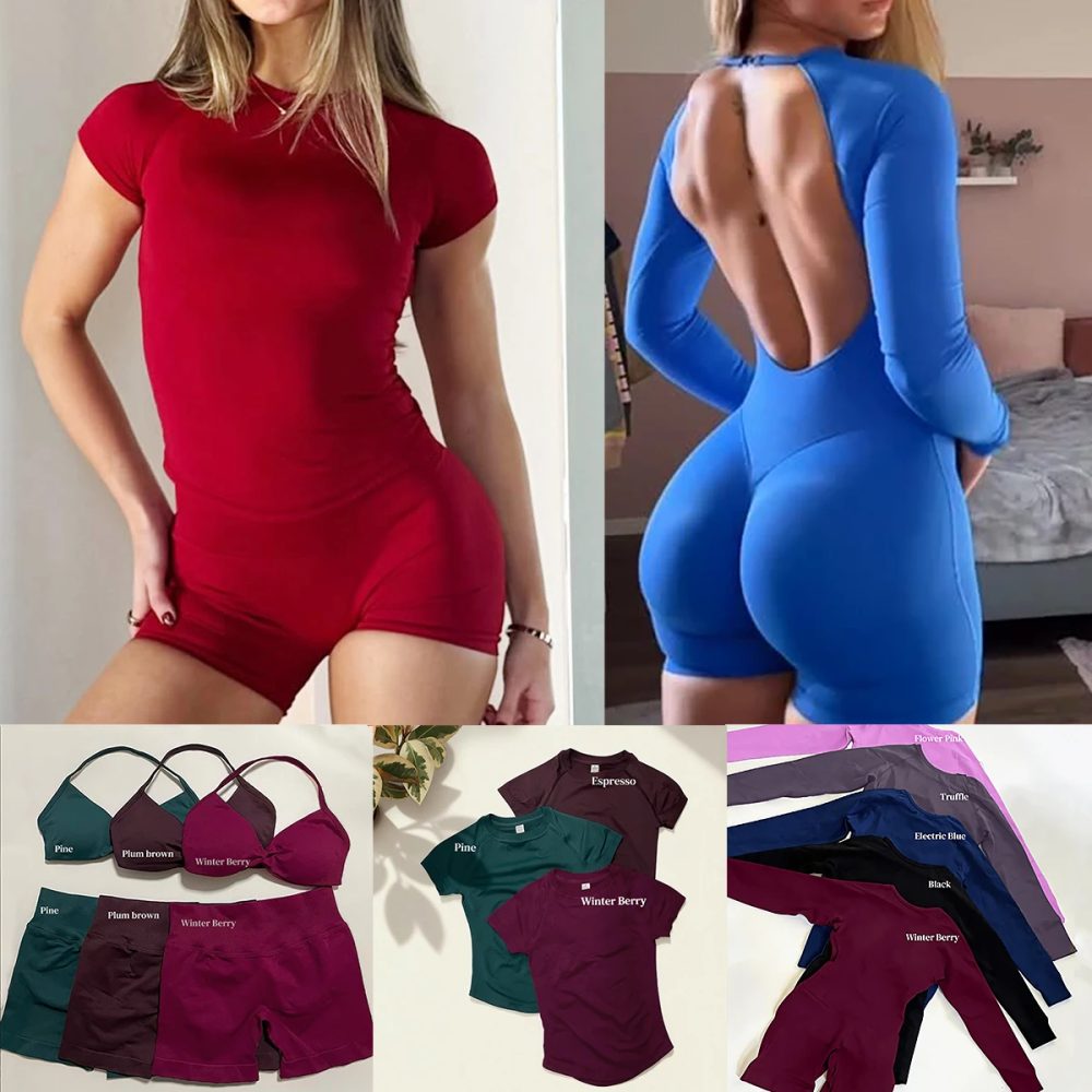 3-teiliges Gym-Set für Damen: Nahtloses Kurzarm-Oberteil & Scrunch-Gym-Shorts & Sport-BH-Bodysuit ? Trainingsanzüge & Sportbekleidung