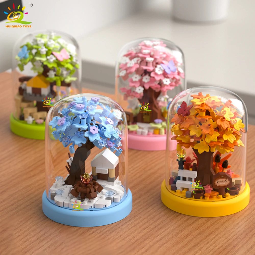 HUIQIBAO MOC Vier Jahreszeiten Mini Baumhaus mit Display Box Modell Micro Baustein Diamant Ziegel Spielzeug für Kinder Schreibtisch Dekor.