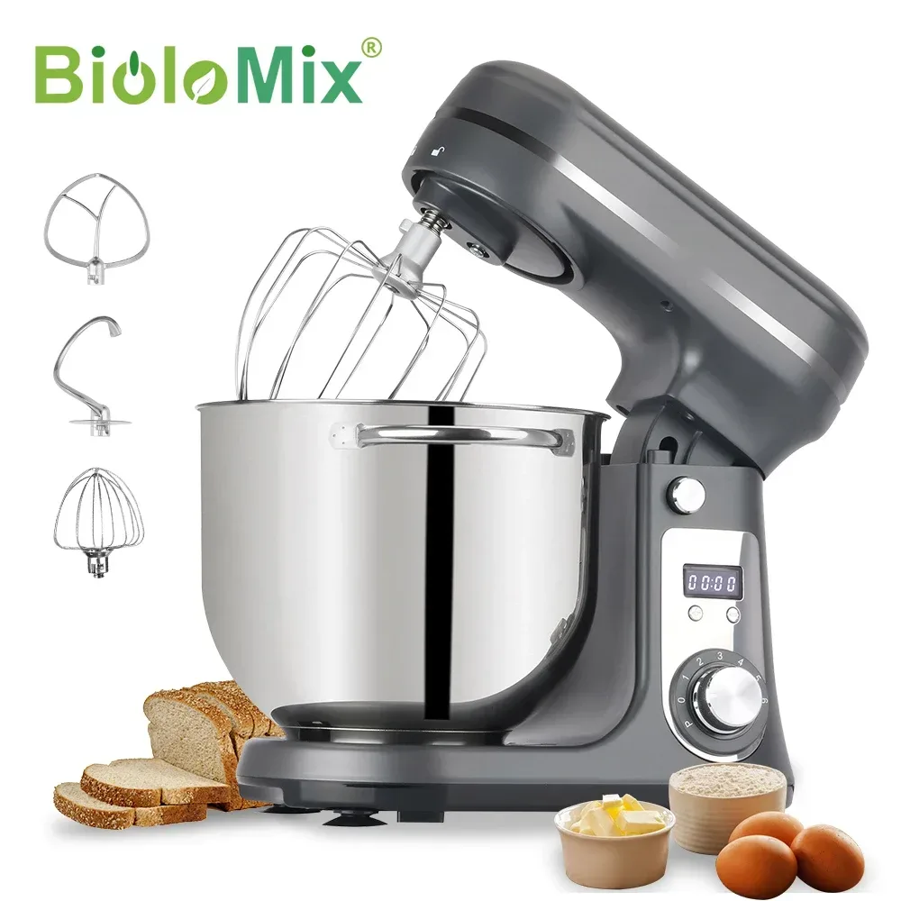 BioloMix 6-Gang-Standmixer für die Küche, 1200 W DC, leiser Motor, 6 l Edelstahlschüssel mit Sahne-Ei-Schneebesen, Peitsche, Teigkneter