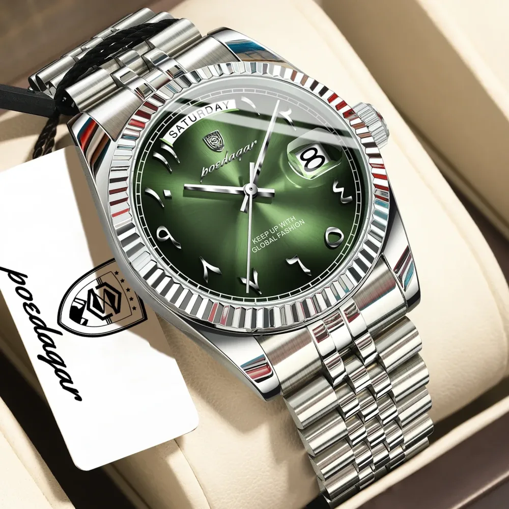 POEDAGAR Top Trendige Herrenuhr Edelstahl Wasserdicht Business Herren Armbanduhr Datum Woche Quarz Kreative Herrenuhren Reloj Hombre